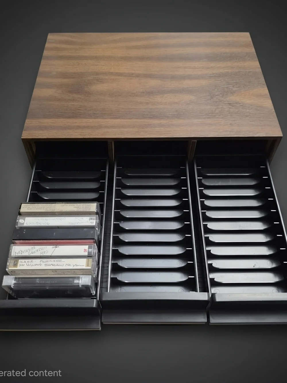 Vintage 1980s faux wood-grain 3-drawer audio cassette tape storage case w/tapes
